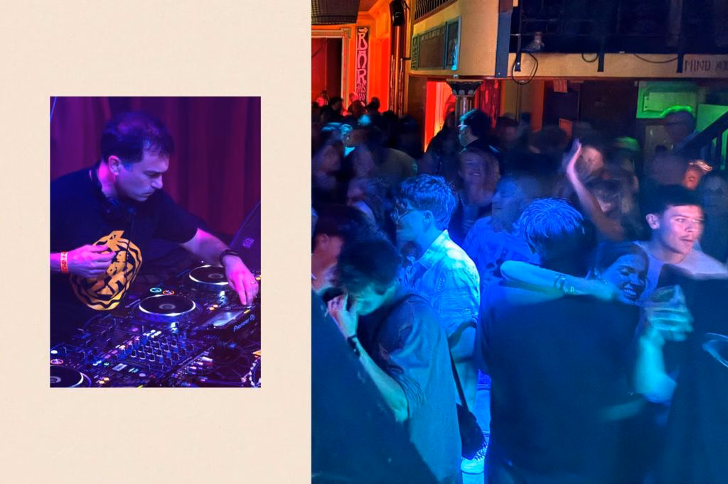Ros Atkins at a turntable. Right: a crowd