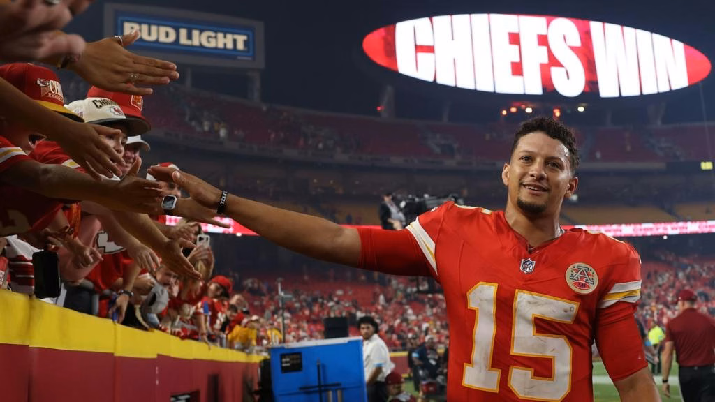 Patrick Mahomes celebrates a Kansas City Chiefs win in the NFL