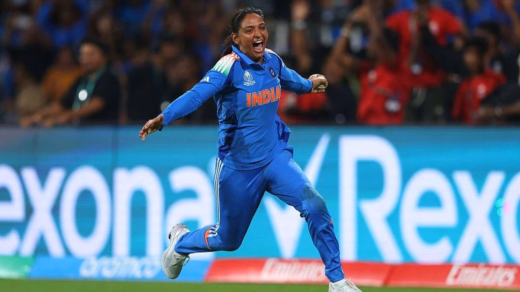 Harmanpreet Kaur of India celebrates after taking the catch to dismiss Nadine De Klerk of South Africa