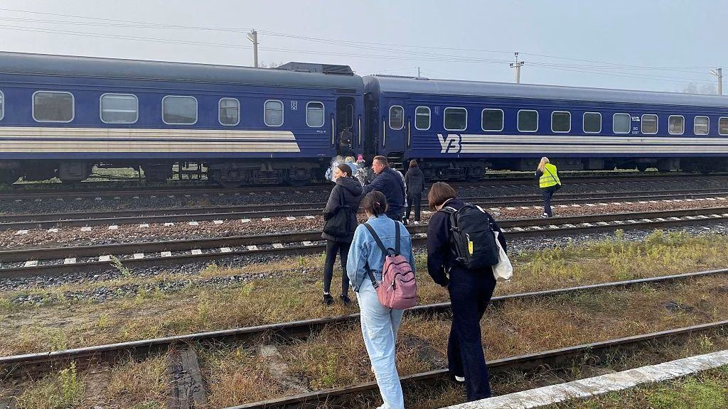 A small group of about five or six passengers walk across a grassy railway track towards a stationary train
